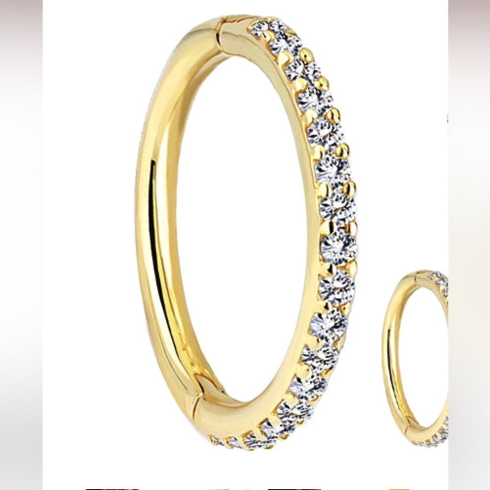 14K yellow gold cubic zirconia hinged clicker hoop, 16 gauge, 10mm diameter. NWT